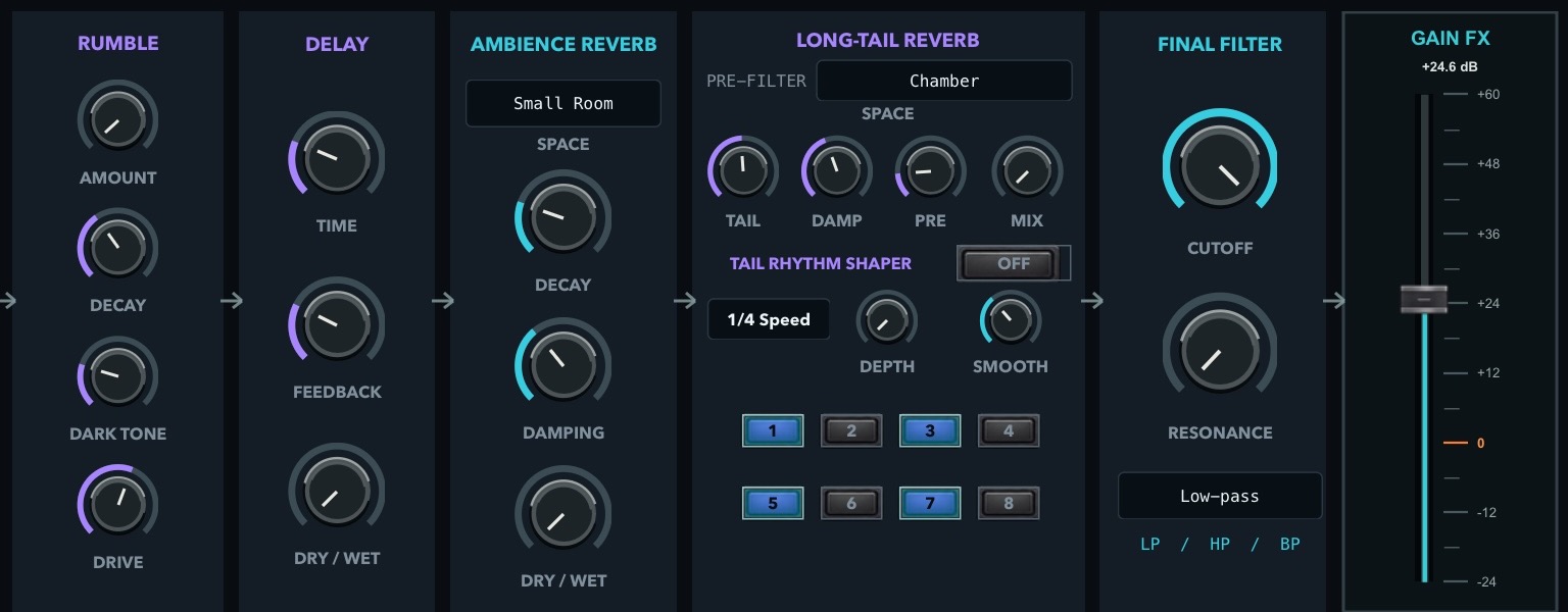 Rumble, Delay, Ambience Reverb, Long-tail Reverb, Final Filter and Gain FX