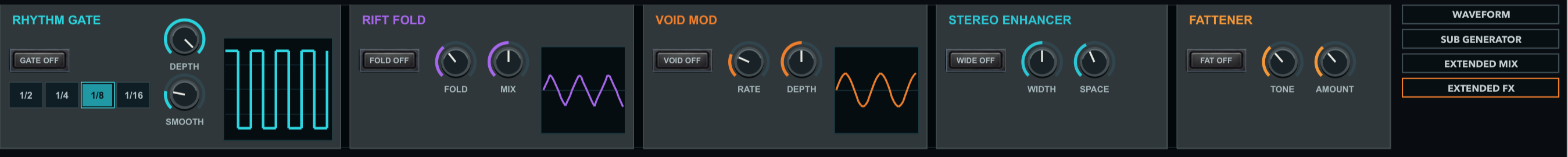 Extended FX workspace with Rhythm Gate, Rift Fold, Void Mod, Stereo Enhancer and Fattener