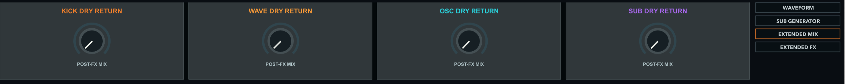 Extended Mix workspace with Kick, Wave, OSC and Sub post-FX dry returns