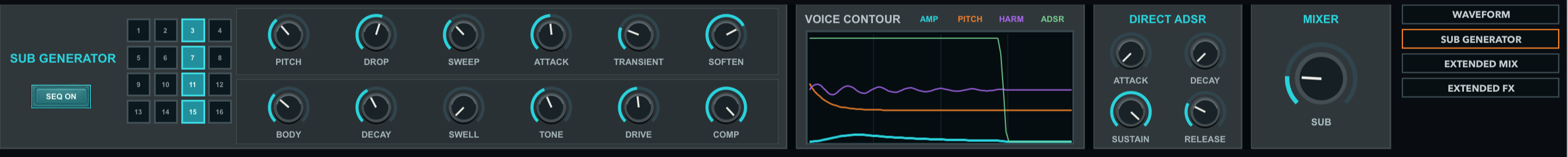 Sub Generator workspace with private sequencer, synthesis controls, Voice Contour, Direct ADSR and Sub mixer