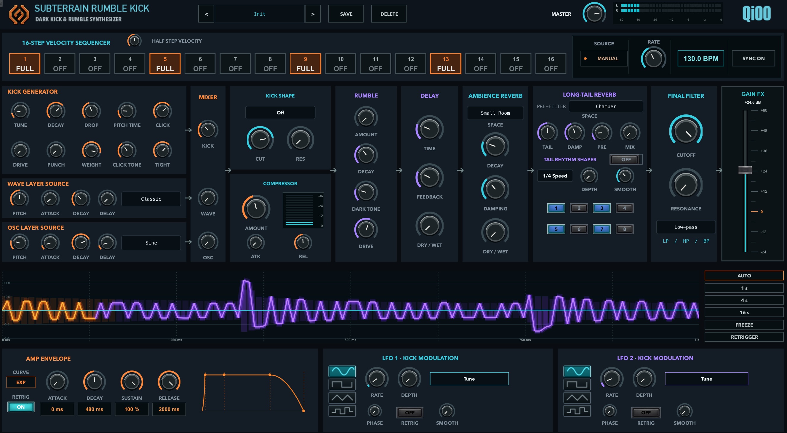 SUBTERRAIN VST3 plug-in interface showing sequencer, kick layers, effects, waveform and modulation controls